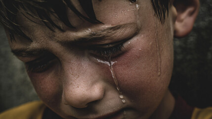 Young boy in pain, lonely crying. 