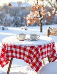 Snowy table with red checkered tablecloth