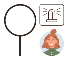 Magnifying glass next to emergency alert icon and smiling woman portrait. Ideal for search, investigation, alertness, assistance, profile, safety, service themes. A simple flat metaphor