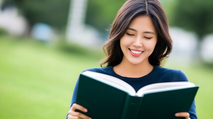 Smiling Woman Reading Book Outdoors, Happy Student Studying in Park