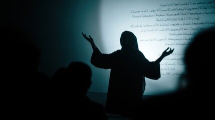 A silhouetted figure of a female teacher gestures passionately as she teaches Arabic. The scene is backlit by a bright projector screen showing Arabic verb conjugations. 