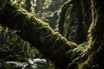 Sunlight Filters Through Moss Covered Trees in Ancient Forest