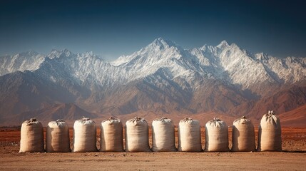 Large storage sacks lined up in front of dramatic snowy mountain range under clear sky