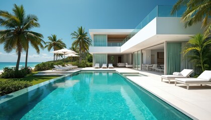 Fototapeta premium Modern beachfront villa with large swimming pool and sun loungers. Luxurious tropical property with palm trees, garden and ocean view. White building with glass walls and balcony overlooking sea.