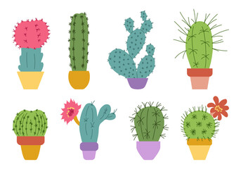 Flat cacti in pots set for posters, cards, stickers, patterns, packaging. Botanical collection of succulents.