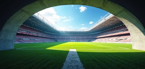 View of a sports arena through stadium tunnel. Bright sun shines on empty green grass field. Seats await fans for next championship event, competition match.