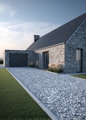 Stone facade modern home with gravel driveway, garage, and green lawn against a blue sky