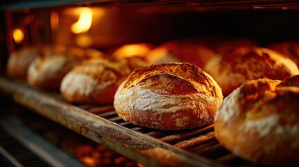 Golden crusty artisan bread baking in traditional hot oven with flames