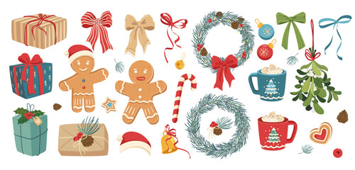 Christmas season festive gifts vector decorations set. New year Plants decorations and accessories illustrations on white background