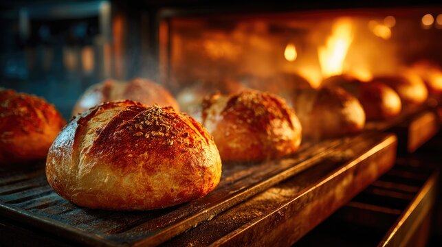 Freshly baked artisan bread with seeds on top in fiery oven
