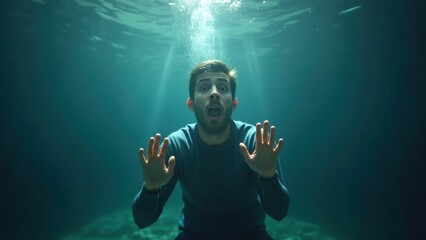 A metaphorical concept of a young man sinking underwater while fully clothed, symbolizing the suffocating sensation of a panic attack.