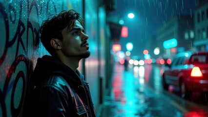 A young man leans against a graffiti-covered wall, his face a mask of distress as neon lights reflect off wet surfaces in a rain-soaked urban alley.