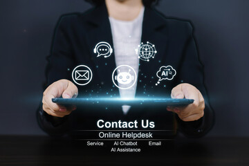 Customer service and support solution, Businesswoman offering digital support with global communication icons. Contact us page, online helpdesk, service, Ai chatbot, email, Ai assistance.