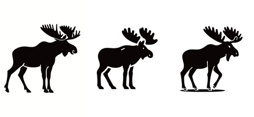 Naklejka premium Three silhouettes of a moose are shown in different postures, capturing its graceful movement and playful nature, ideal for winter-themed artwork.
