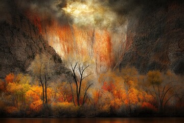 Dramatic autumnal landscape, fiery cliffs, and brooding sky