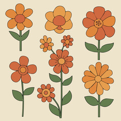 Simple Vector set of flower retro groovy illustration. Hippie style floral element.