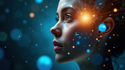 Person s face overlaid with glowing geometric shapes, abstract equations, and radiant beams of light emerging from the brain.