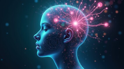 Obraz premium A surreal, abstract illustration of a human head filled with swirling digital circuits, neural networks, and radiant bursts of light.