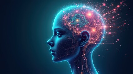 Obraz premium A surreal, abstract illustration of a human head filled with swirling digital circuits, neural networks, and radiant bursts of light.
