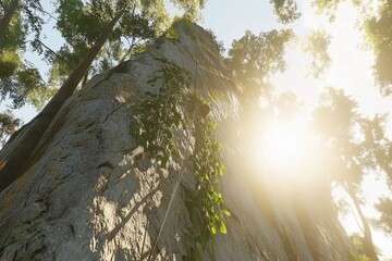 Low-angle view of a rock face, covered in vines, climbing ropes, and sunlight filtering through a forest canopy