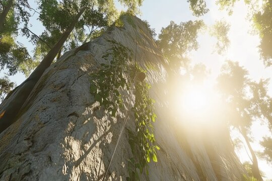 Low-angle view of a rock face, covered in vines, climbing ropes, and sunlight filtering through a forest canopy