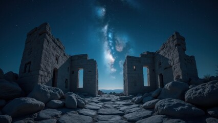 A panoramic, atmospheric view of a star-filled sky casting its light over ancient stone ruins inscribed with zodiac symbols.