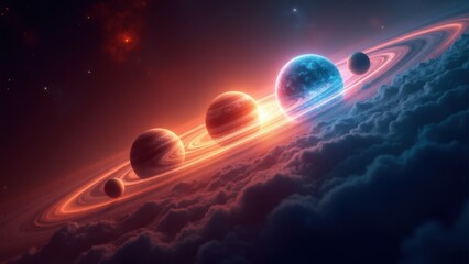 An expansive, dynamic scene of a rare planetary alignment. Majestic planets glow in varying hues from fiery reds to cool blues against a swirling, vibrant nebula.