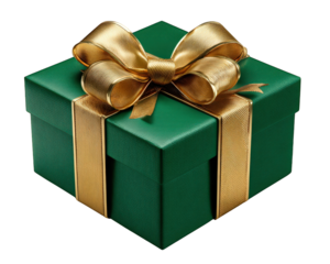 Joyful green Christmas gift box with luxurious gold ribbon and bow. beautiful present for holiday celebration, this isolated package evokes feelings of anticipation