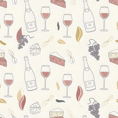 Elegant seamless pattern featuring wine glasses, champagne bottles, grapes, and cheese, created with minimal line art and a soft, muted color palette.