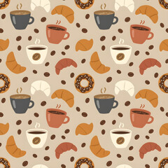 Seamless pattern of coffee cups, croissants, donuts, and coffee beans, modern flat style.