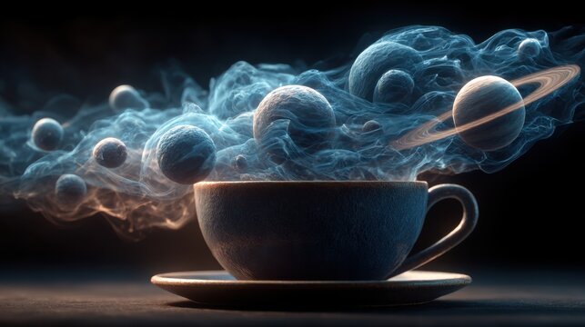 Coffee cup with swirling planets and cosmic smoke creates a whimsical space scene at night