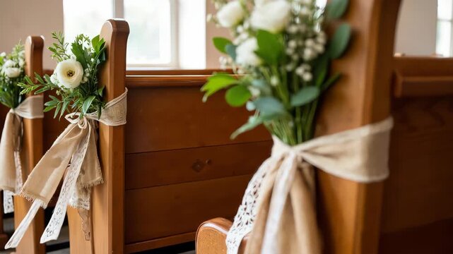 Wedding ceremony decorations, including fresh flowers tied with ribbons, add an elegant touch. Church wedding preparation with floral arrangements provides beautiful church wedding decorations,