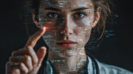 Woman interacts with digital interface in futuristic environment, showcasing technology and data visualization