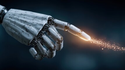 Robot hand reaching out with a spark of energy in a dark, futuristic environment