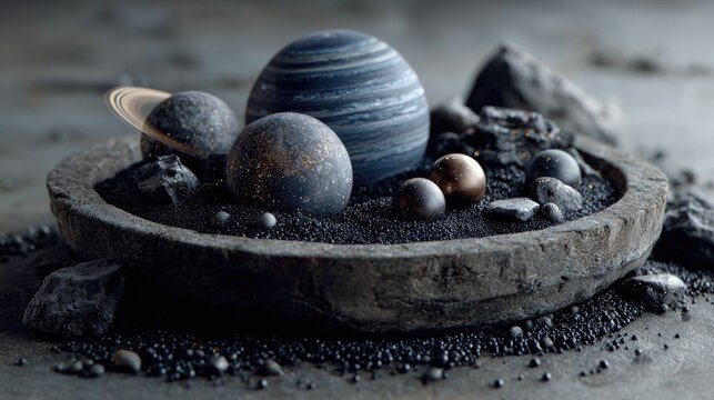 Miniature planets in stone bowl