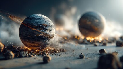 Dramatic 3D render of giant planet with glowing rings surrounded by dust, sparks, and cosmic atmosphere