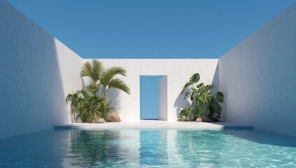 Fototapeta premium Serene courtyard with a pool, lush plants, and open doorway bathed in sunlight