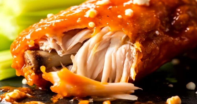 Close-up of a fork lifting a piece of chicken in spicy sauce with celery