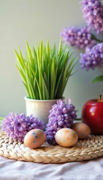Macro photo of decorated eggs hyacinth flowers and green wheat grass with red apple. Spring festive still life setting with floral elements. Joyful seasonal decor.