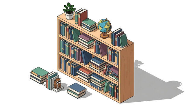 Isometric bookshelf with books, globe, and plant isolated on white background a cozy and organized space for reading and learning materials