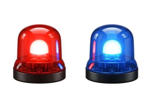 Emergency Lights: Red and Blue Siren Flashing for Police, Fire, and Ambulance Services - Critical Alert System with Bright Glowing Signal on White Background