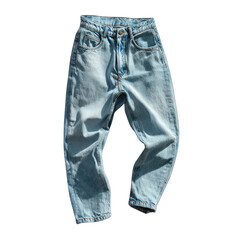 Baggy, light wash, cropped denim jeans on a dark backdrop