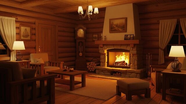 cozy rustic log cabin living room with fireplace