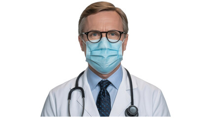 Masked Doctor in White Coat with Stethoscope – Professional Healthcare and Safety Portrait