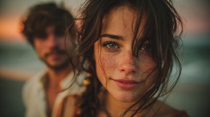 Couple enjoying a serene sunset on the beach, with gentle waves lapping at their feet and a beautiful sky above, capturing a joyful moment together