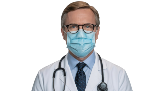 Masked Doctor in White Coat with Stethoscope – Professional Healthcare and Safety Portrait