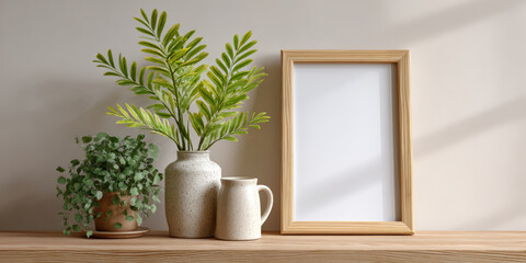 Fototapeta premium Digital print mockup with blank wooden frame on shelf. calm home decor scene against beige wall provides an ideal background for art display and showcases peaceful feeling