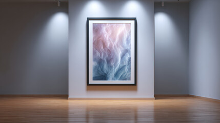 Serene digital art print mockup hanging on white gallery wall. This empty modern interior with spotlights and wood floor creates perfect template for any artwork or design