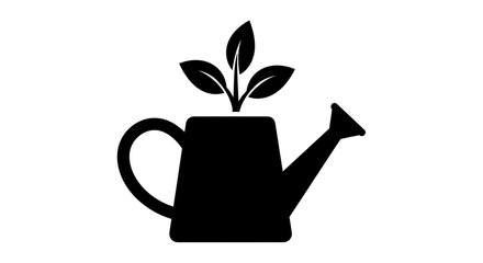 Black silhouette of a watering can with plant sprouts