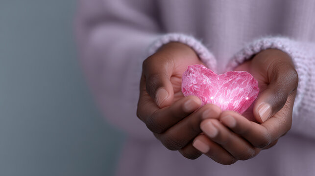 Gentle woman hands carefully holding glowing pink heart concept for mental health love compassion self care and emotional wellbeing for healthy mind